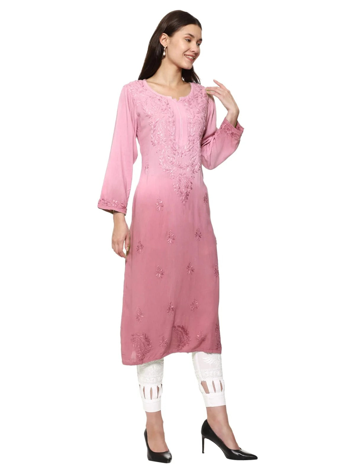 Peach Nargis Rayon Ombre/Shaded Dyed Long Chikankari Kurti malabis.in