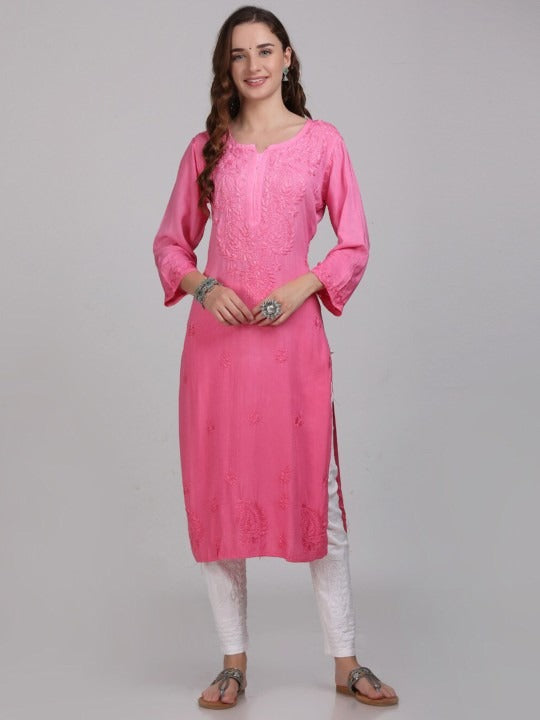 Pink Nargis Rayon Ombre/Shaded Dyed Long Chikankari Kurti malabis.in