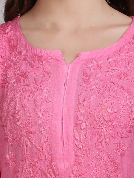 Pink Nargis Rayon Ombre/Shaded Dyed Long Chikankari Kurti malabis.in