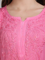 Pink Nargis Rayon Ombre/Shaded Dyed Long Chikankari Kurti malabis.in