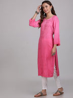 Pink Nargis Rayon Ombre/Shaded Dyed Long Chikankari Kurti malabis.in