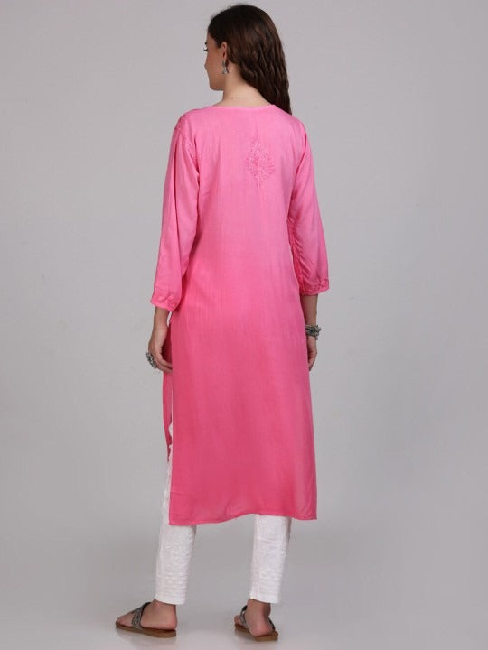 Pink Nargis Rayon Ombre/Shaded Dyed Long Chikankari Kurti malabis.in