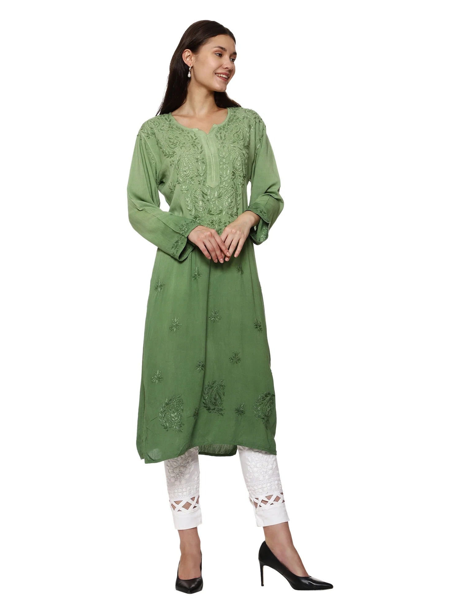 Pista Nargis Rayon Ombre/Shaded Dyed Long Chikankari Kurti malabis.in