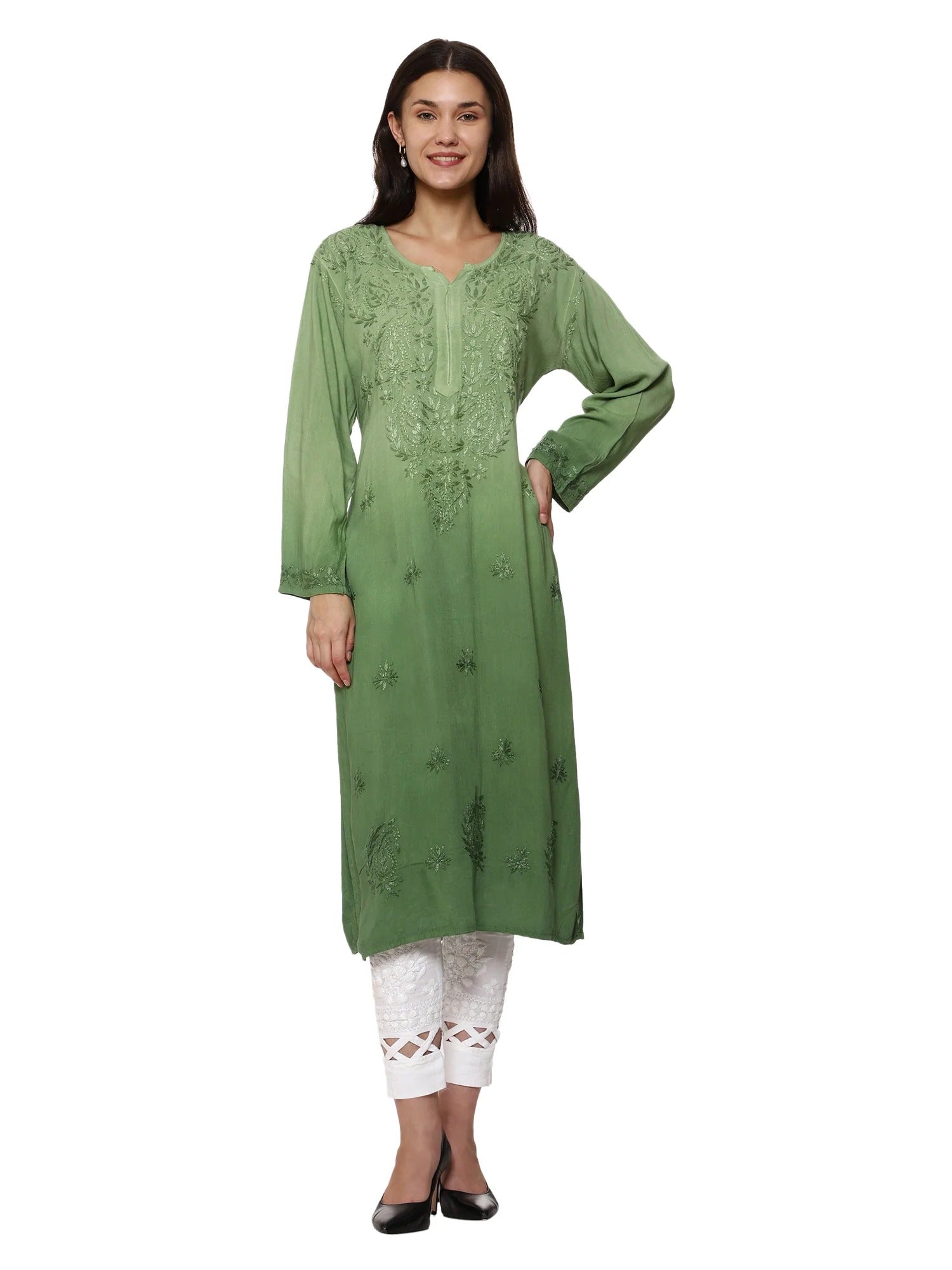 Pista Nargis Rayon Ombre/Shaded Dyed Long Chikankari Kurti malabis.in