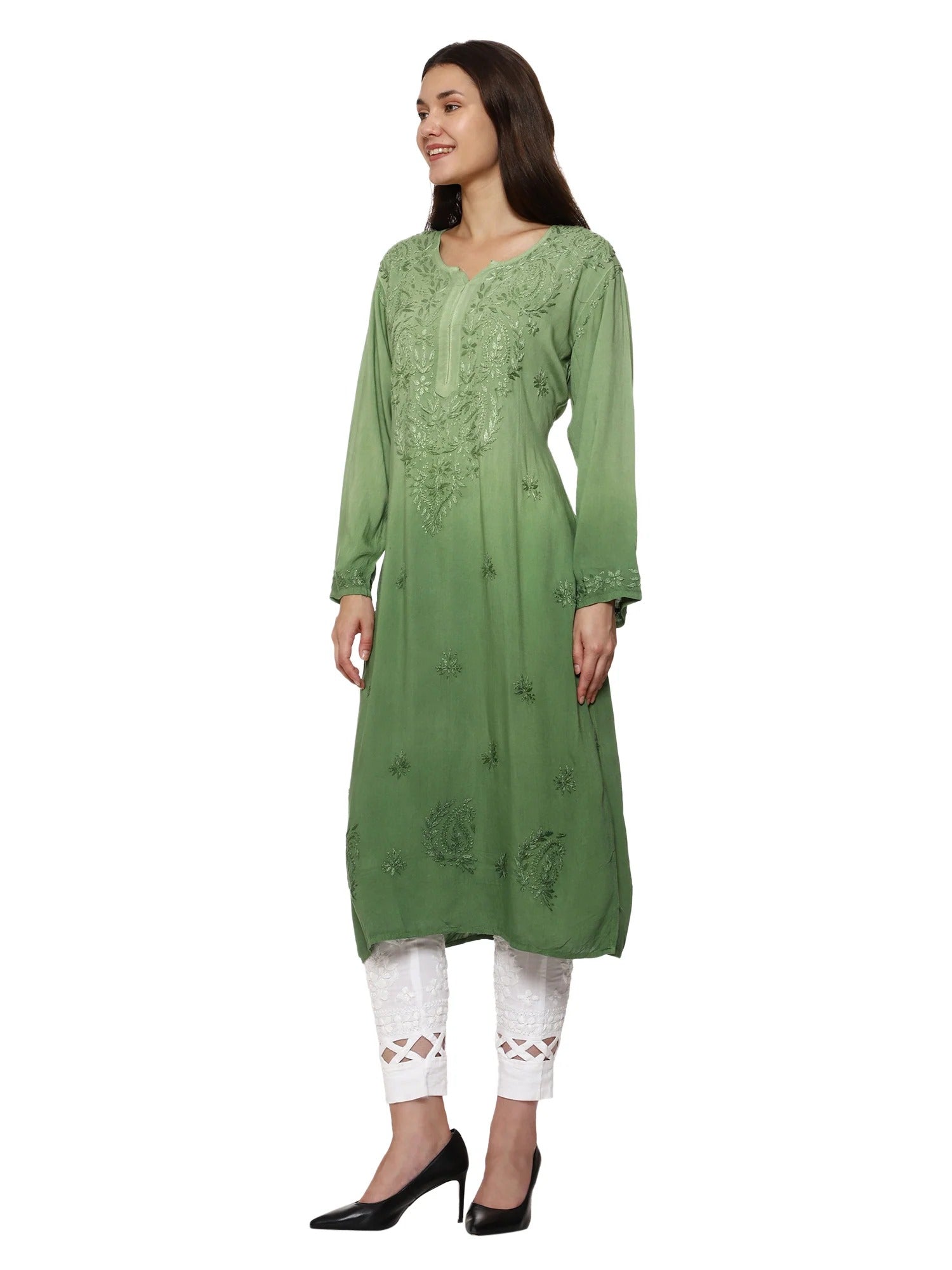 Pista Nargis Rayon Ombre/Shaded Dyed Long Chikankari Kurti malabis.in