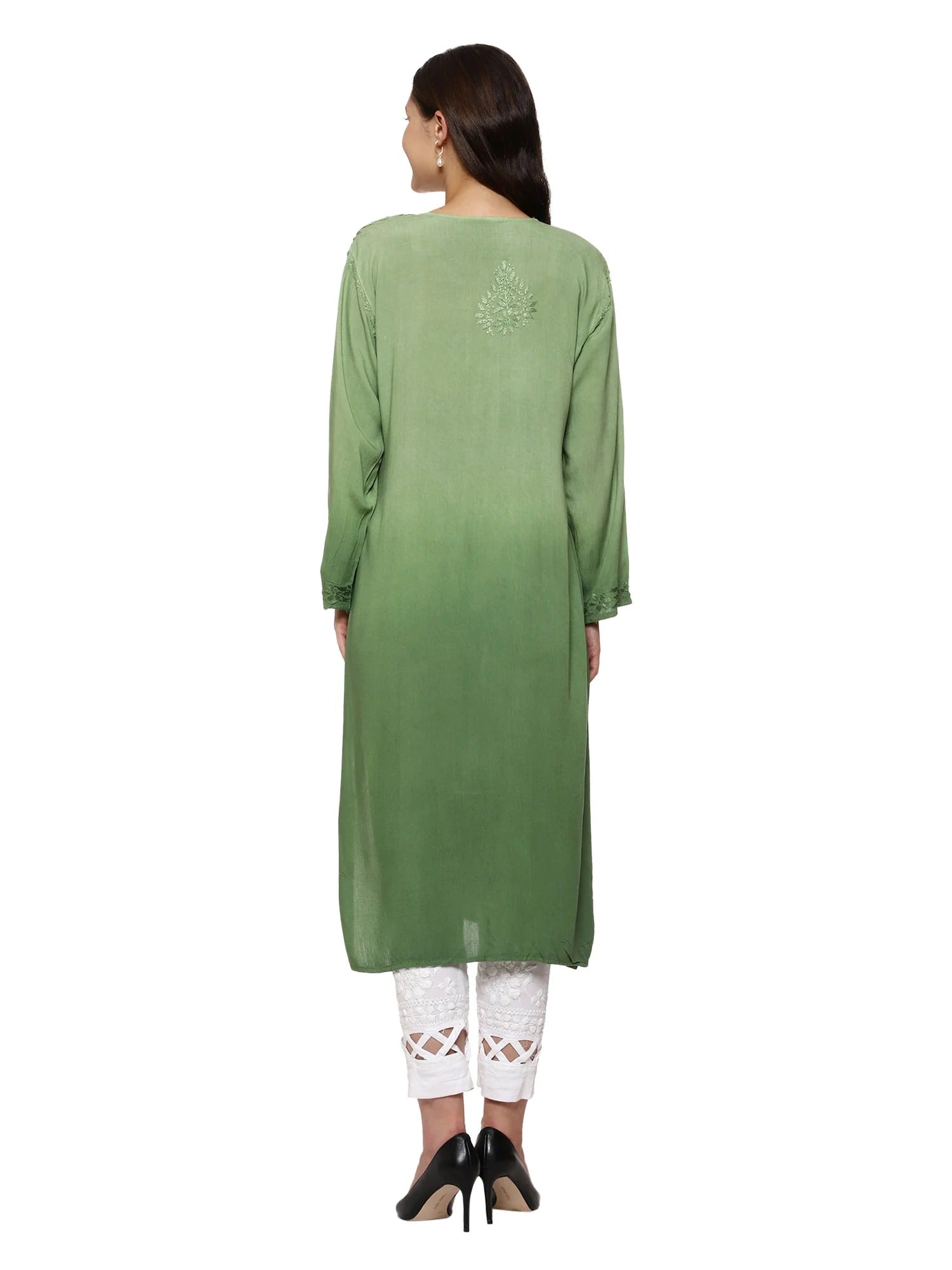 Pista Nargis Rayon Ombre/Shaded Dyed Long Chikankari Kurti malabis.in