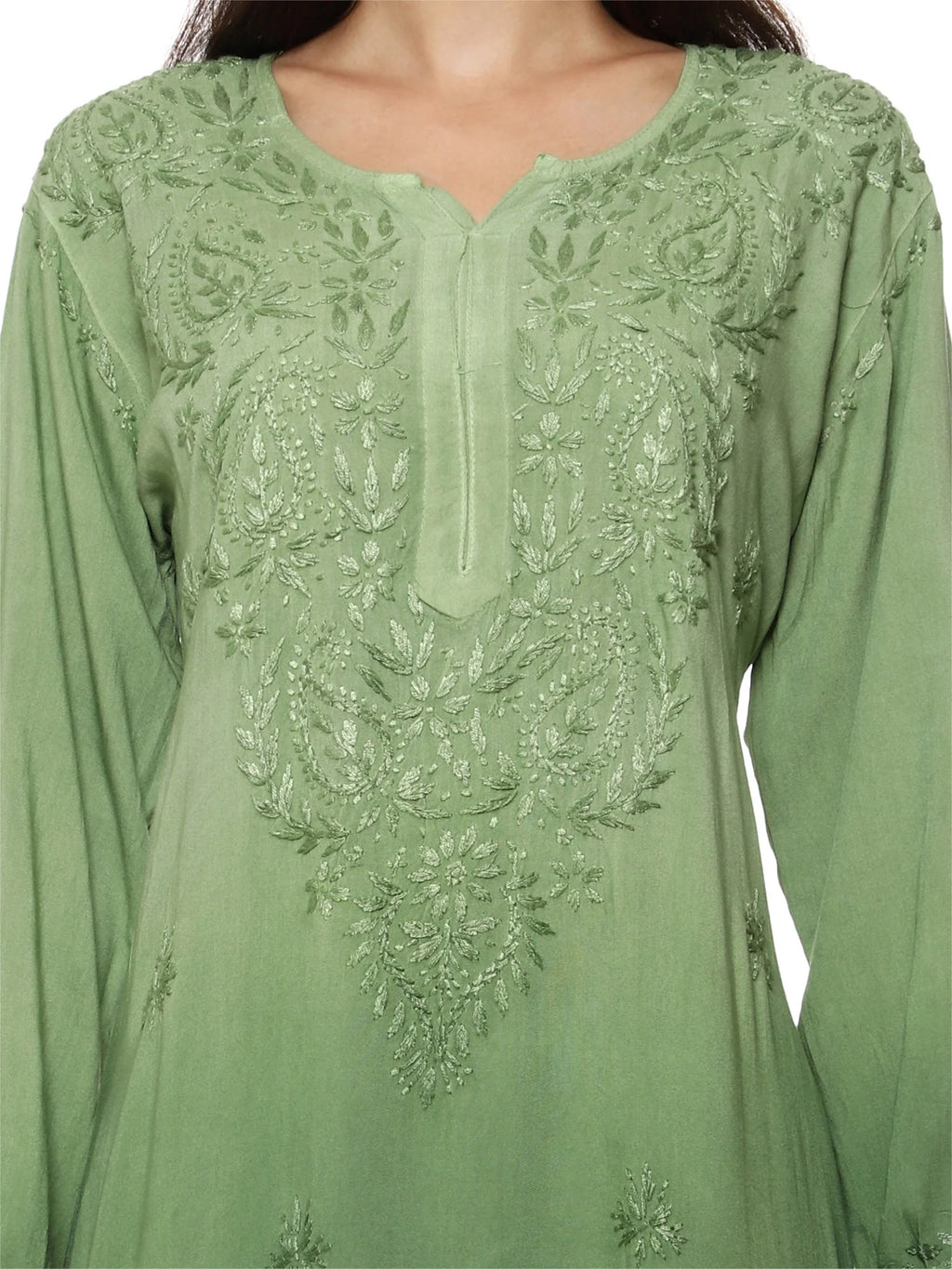 Pista Nargis Rayon Ombre/Shaded Dyed Long Chikankari Kurti malabis.in