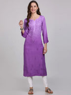 Purple Nargis Rayon Ombre/Shaded Dyed Long Chikankari Kurti malabis.in