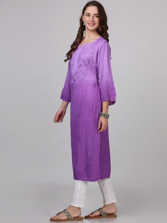Purple Nargis Rayon Ombre/Shaded Dyed Long Chikankari Kurti malabis.in