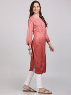 Rust Nargis Rayon Ombre/Shaded Dyed Long Chikankari Kurti malabis.in