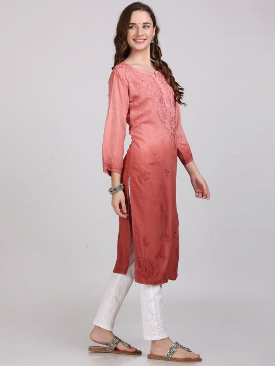 Rust Nargis Rayon Ombre/Shaded Dyed Long Chikankari Kurti malabis.in