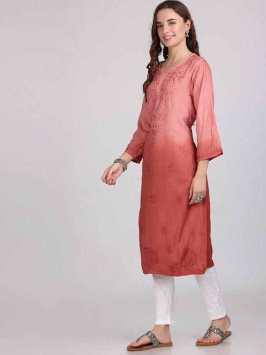 Rust Nargis Rayon Ombre/Shaded Dyed Long Chikankari Kurti malabis.in