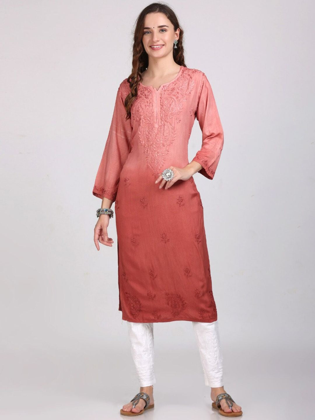 Rust Nargis Rayon Ombre/Shaded Dyed Long Chikankari Kurti malabis.in