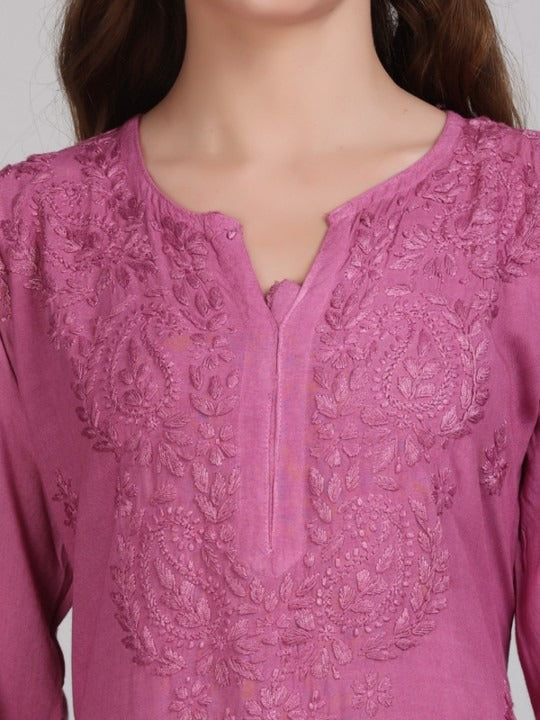 Wine Nargis Rayon Ombre/Shaded Dyed Long Chikankari Kurti malabis.in