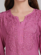 Wine Nargis Rayon Ombre/Shaded Dyed Long Chikankari Kurti malabis.in