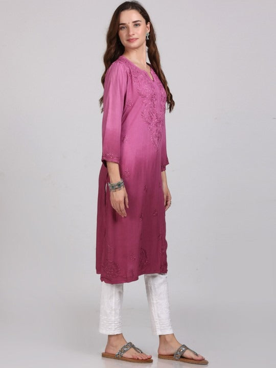 Wine Nargis Rayon Ombre/Shaded Dyed Long Chikankari Kurti malabis.in