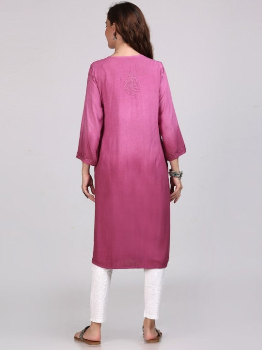 Wine Nargis Rayon Ombre/Shaded Dyed Long Chikankari Kurti malabis.in