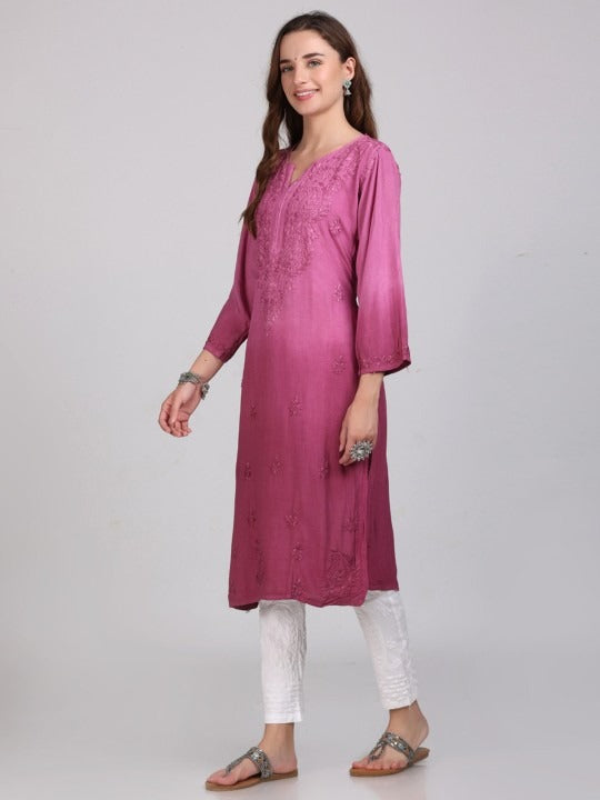 Wine Nargis Rayon Ombre/Shaded Dyed Long Chikankari Kurti malabis.in