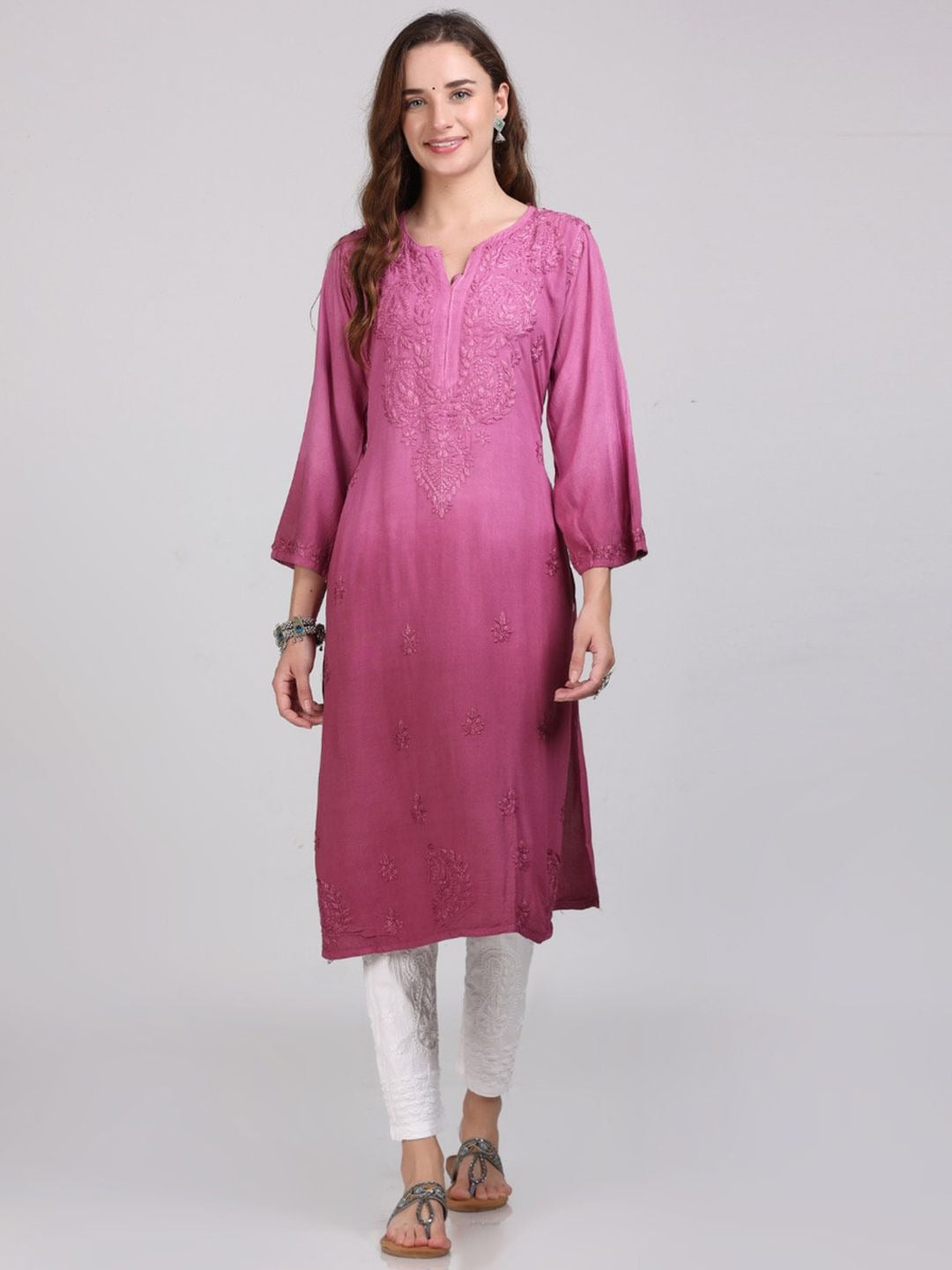 Wine Nargis Rayon Ombre/Shaded Dyed Long Chikankari Kurti malabis.in
