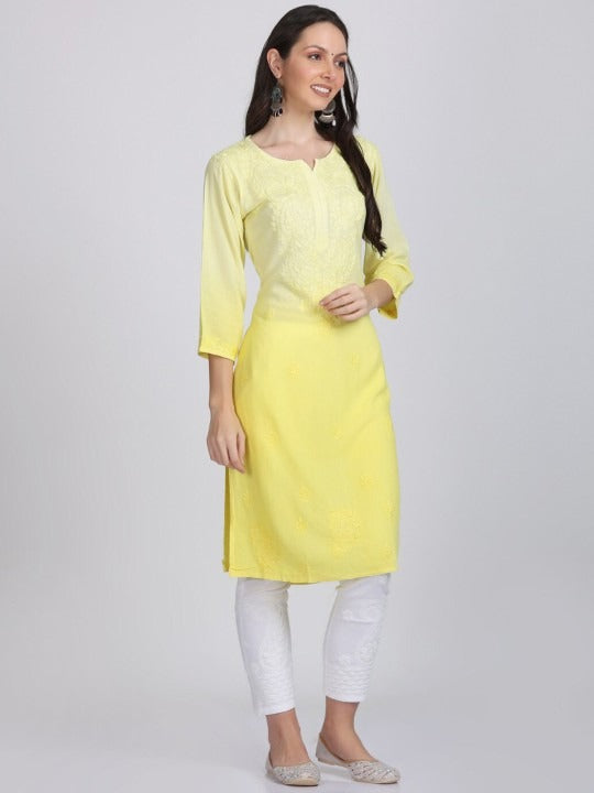 Yellow Nargis Rayon Ombre/Shaded Dyed Long Chikankari Kurti malabis.in