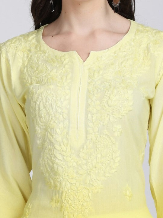 Yellow Nargis Rayon Ombre/Shaded Dyed Long Chikankari Kurti malabis.in