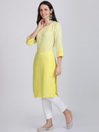 Yellow Nargis Rayon Ombre/Shaded Dyed Long Chikankari Kurti malabis.in