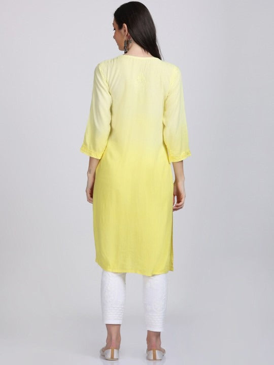 Yellow Nargis Rayon Ombre/Shaded Dyed Long Chikankari Kurti malabis.in
