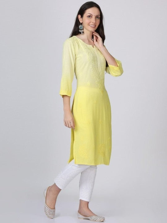 Yellow Nargis Rayon Ombre/Shaded Dyed Long Chikankari Kurti malabis.in