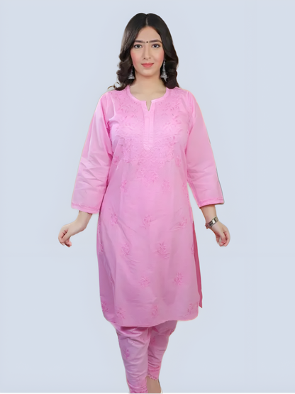 Baby Pink Shireen Dyed Long Cotton Kurti