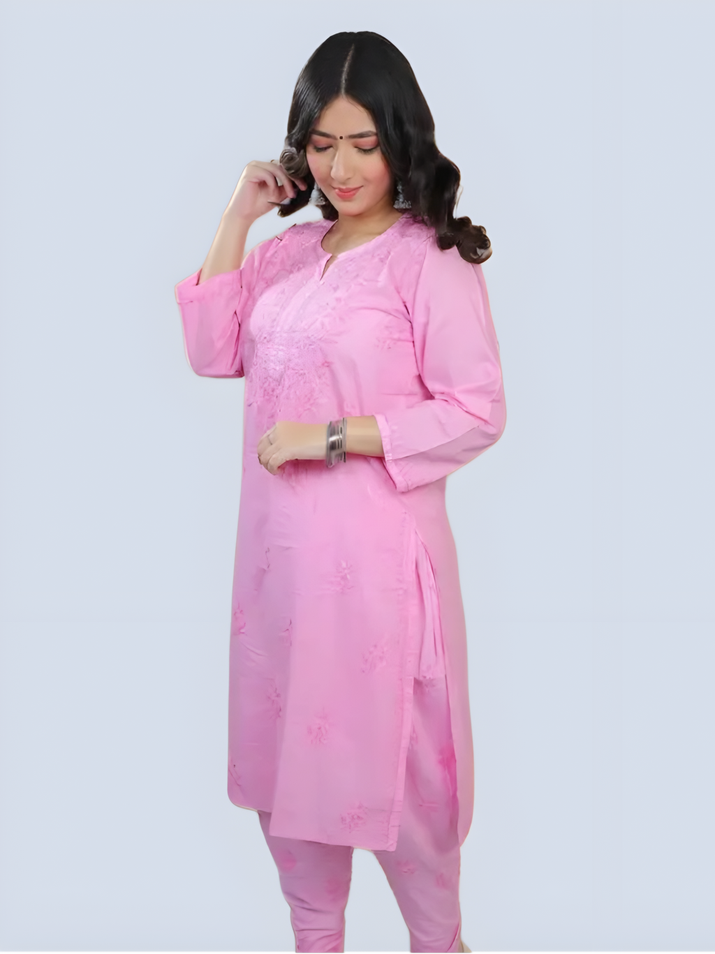 Baby Pink Shireen Dyed Long Cotton Kurti