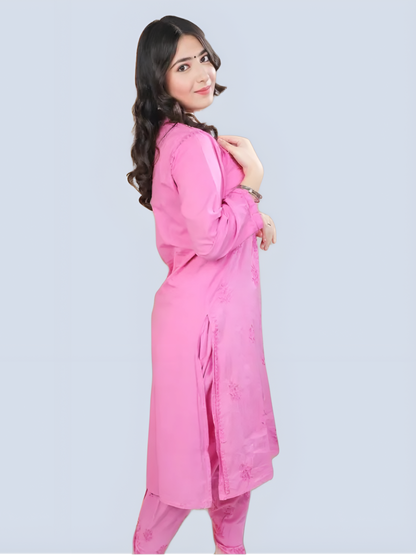Hot Pink Shireen Dyed Long Cotton Kurti