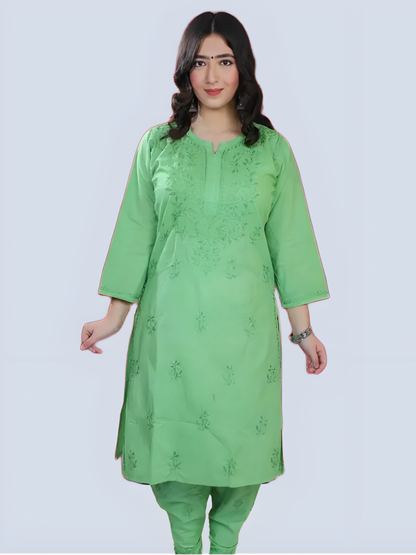 Parrot Green Shireen Dyed Long Cotton Kurti