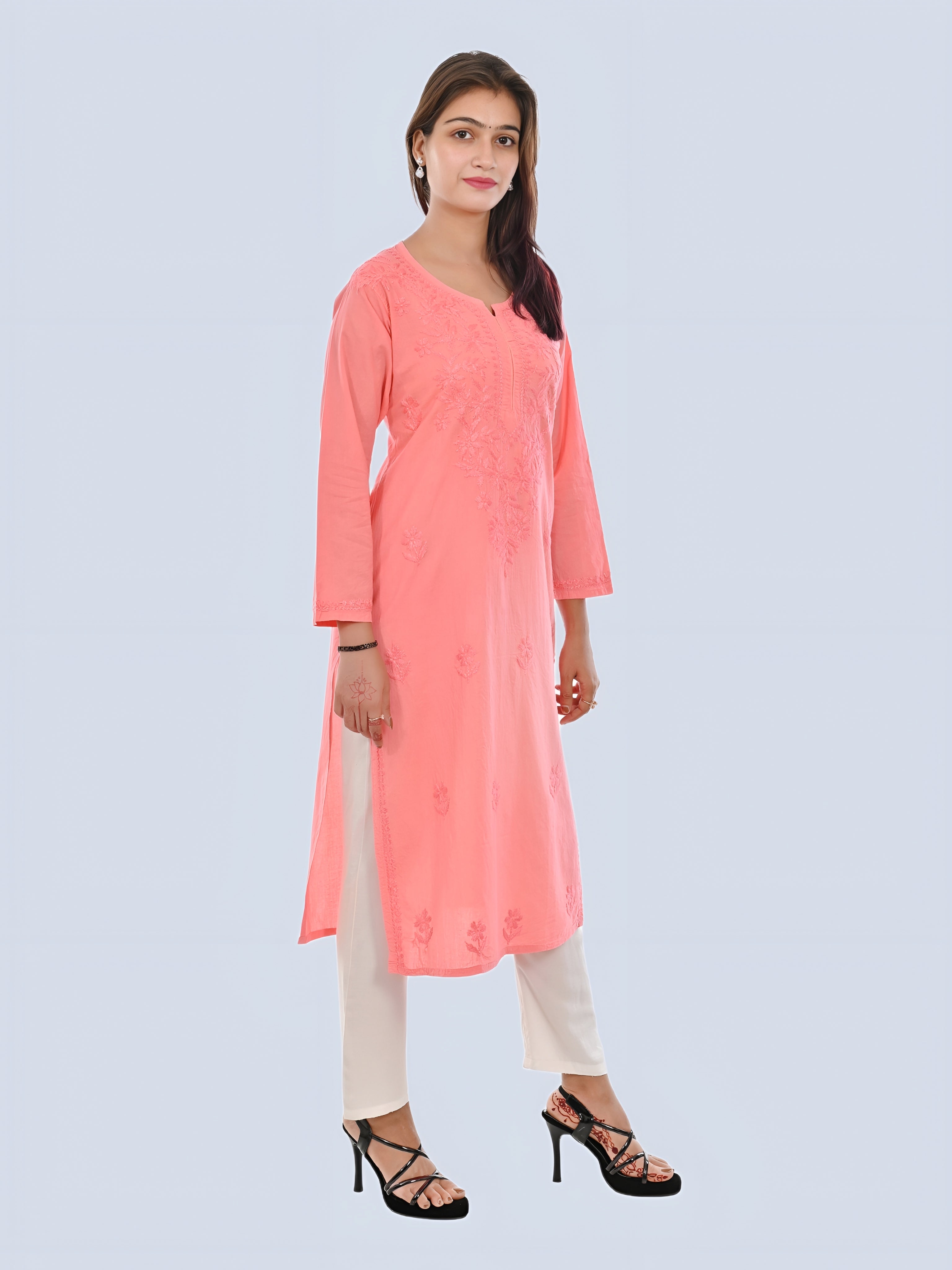 Peach Shireen Dyed Long Cotton Kurti