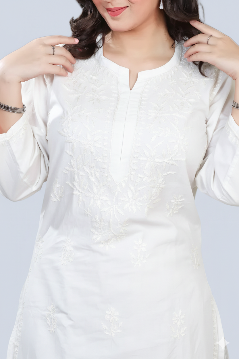 White Shireen Dyed Long Cotton Kurti