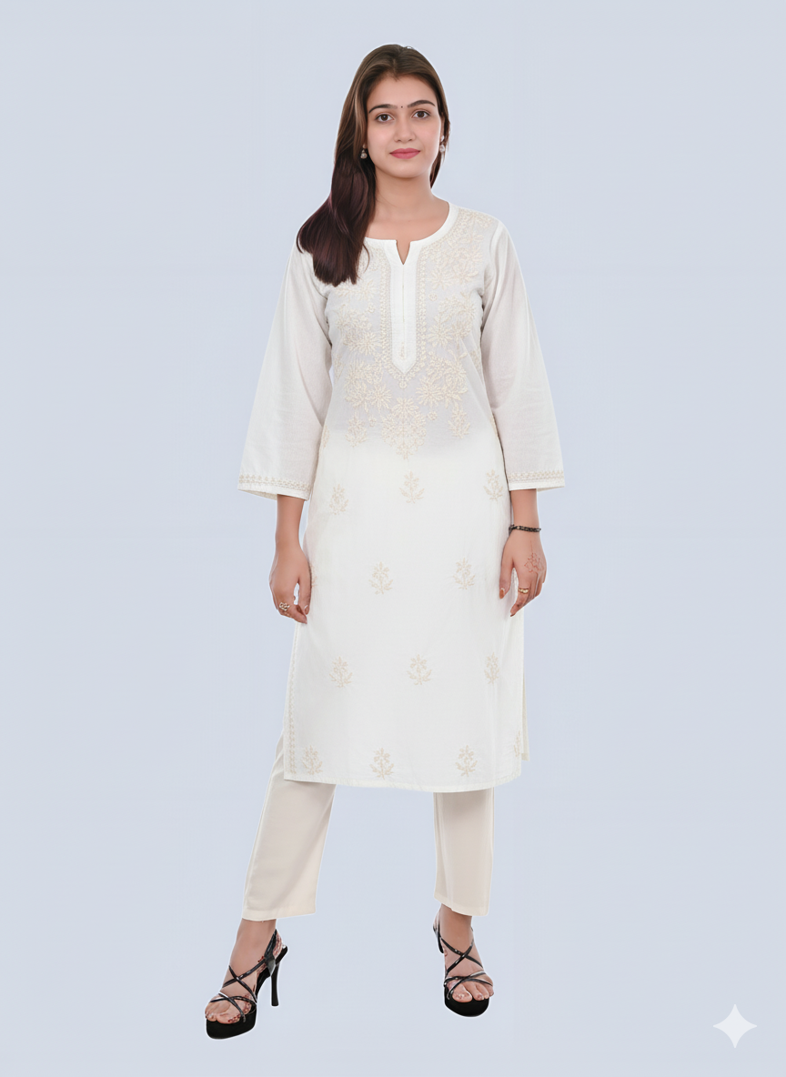 White Shireen Dyed Long Cotton Kurti
