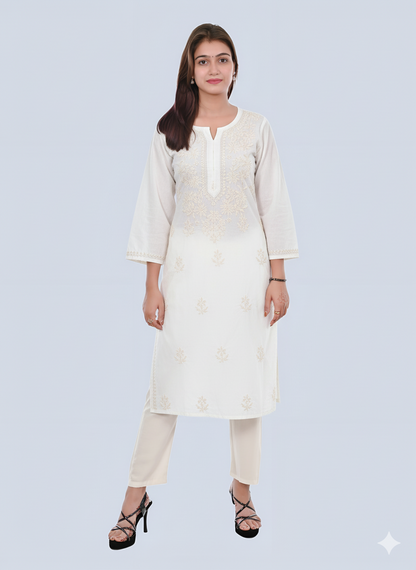 White Shireen Dyed Long Cotton Kurti