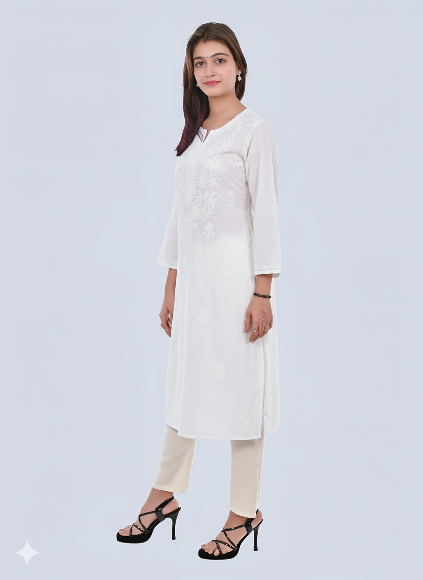 White Shireen Dyed Long Cotton Kurti