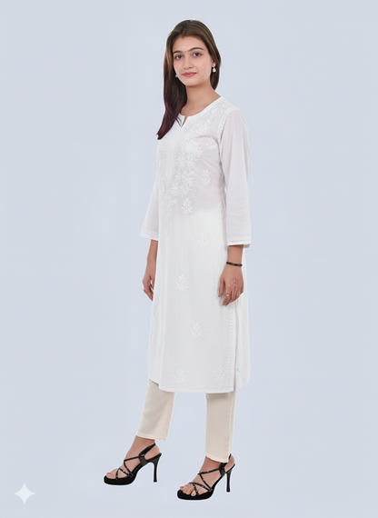 White Shireen Dyed Long Cotton Kurti