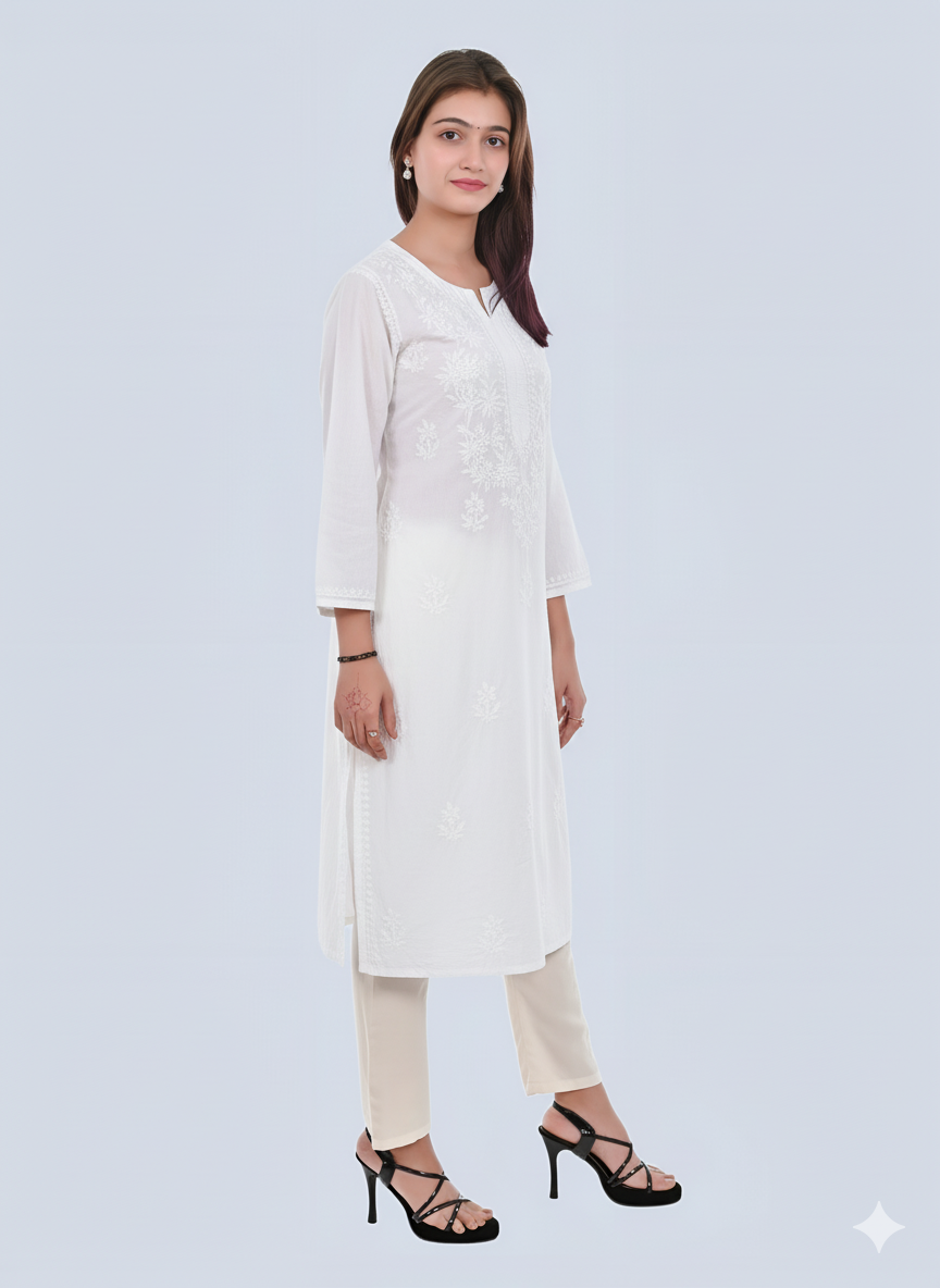 White Shireen Dyed Long Cotton Kurti