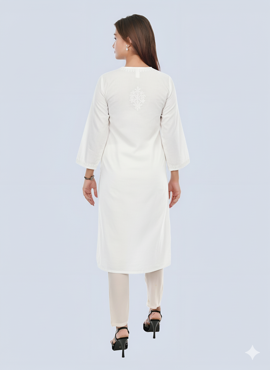 White Shireen Dyed Long Cotton Kurti