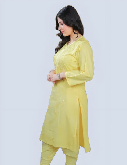 Yellow Shireen Dyed Long Cotton Kurti