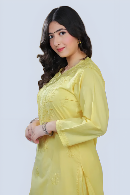Yellow Shireen Dyed Long Cotton Kurti