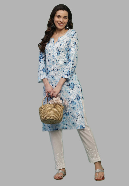 Hania Super Comfy Pure Mulmul Floral Print Chikankari Straight Long Kurti
