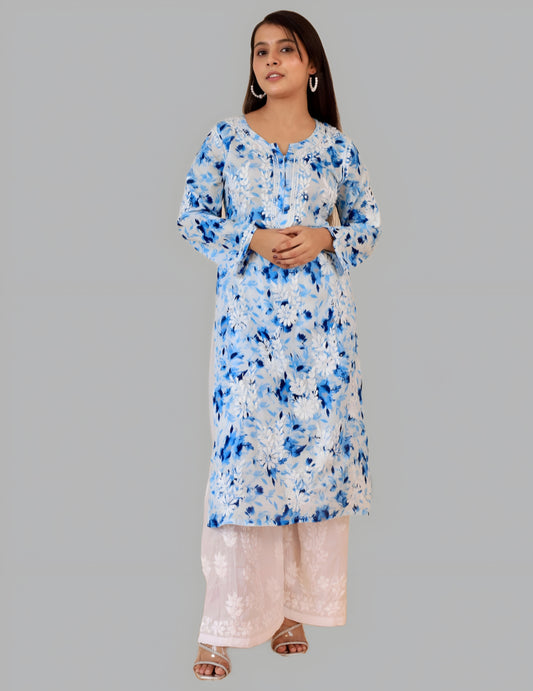 Samina Super Comfy Pure Mulmul Floral Print Lucknowi Chikankari Straight Long Kurti