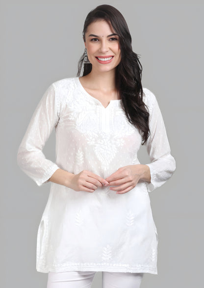 Sakina Women's White Lucknowi Chikankari Short Top – Pure Cotton Straight Short Kurti