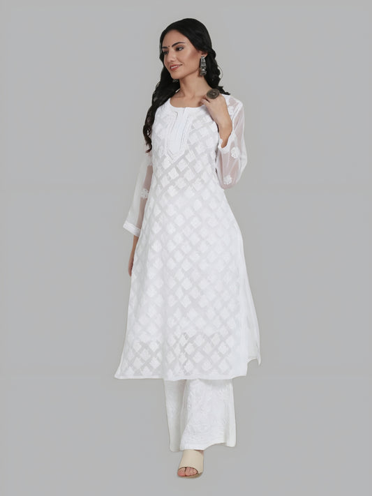 Halima Chiffon Georgette White Chikankari Booti Jaal Kurti With Matching Cotton Inner