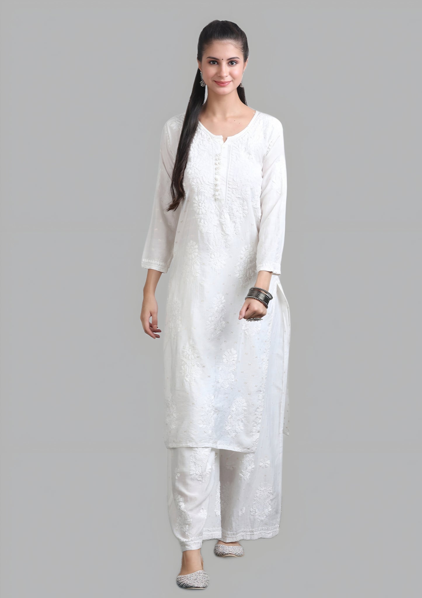 Nida Women's Premium White Chanderi Silk Chikankari Kurti and Palazzo Set