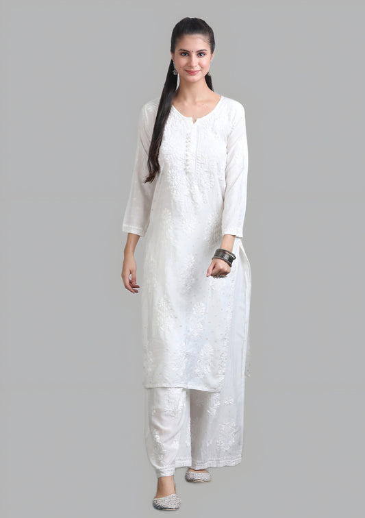 Nida Women's Premium White Chanderi Silk Chikankari Kurti and Palazzo Set