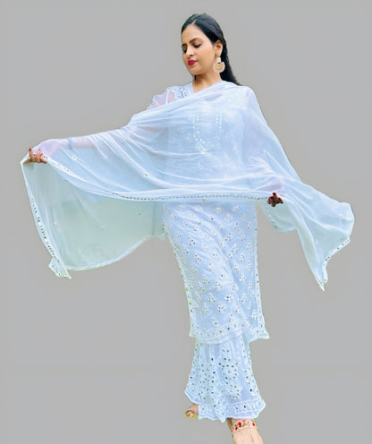 Ishrat Chiffon Georgette Real Pasted Mirror Work Kurti, Sharara & Dupatta Set With Matching Cotton Inner