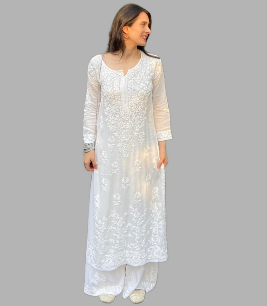 Naila Premium Handwork Chikankari White Modal Kurta, Palazzo, and Dupatta Set